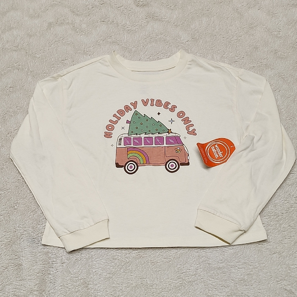Wonder Nation Girl's Graphic Long Sleeve T-Shirt Size M 7-8 Holiday Vibes Only